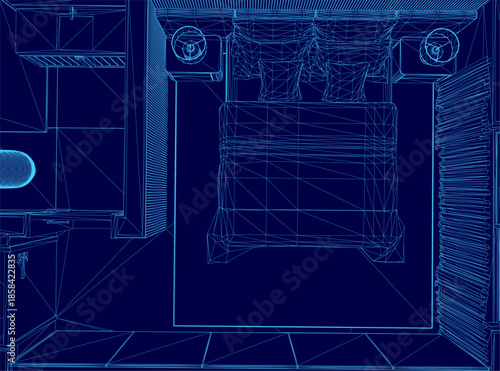 A detailed apartment floor plan blueprint in blue wireframe style, featuring a bathroom layout with toilet, sink, and shower. The technical drawing includes specific fixtures like the toilet seat.
