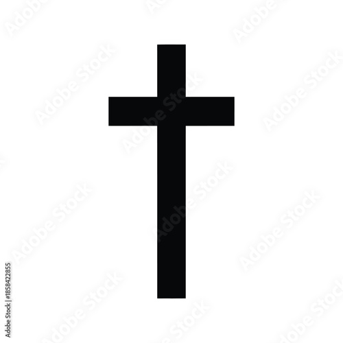 a simple depiction of a classic christian cross rendered in solid black against a stark white and empty background plainly visible