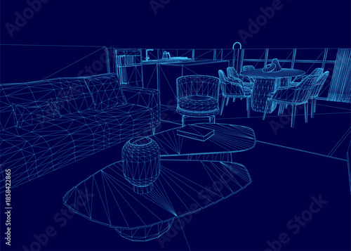 A 3D wireframe model of an apartment living room floor plan, featuring a sofa, chairs, and a table with an object. Various items are arranged on a background platform.