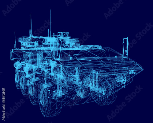 A detailed 3D wireframe blueprint of a military armored personnel carrier, isolated on a solid blue background for clear presentation.
