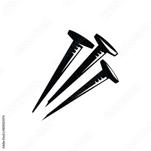 a minimalist depiction of three black nails with pointed tips arranged diagonally on a plain white background illustrating basic construction elements