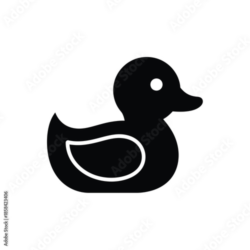 A simple minimalist black and white illustration depicts a classic rubber duck symbolizing childhood bath time and playful innocence prominently displayed