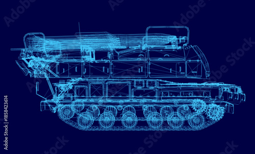 Detailed blueprint of a military tank with a rocket launcher, featuring a clean wireframe design on a solid blue background. The technical illustration uses precise lines and geometric shapes.