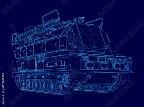 Blueprint of a military tank with detailed tracks and turret, featuring a rocket launcher in wireframe style on a contrasting blue background.