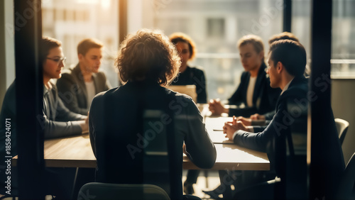 Business meeting in a modern office with diverse professionals collaborating around a conference table during a bright, sunlit session, viewed from behind a glass partition