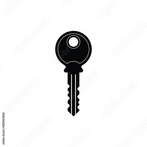 a simple isolated black and white illustration depicting a classic metal key with a circular head and a jagged blade