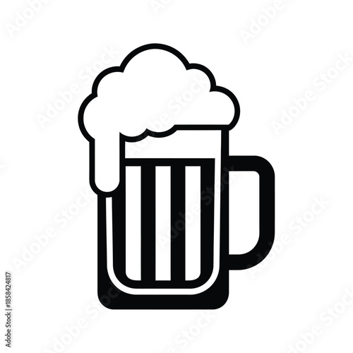 a simple black and white illustration depicts a full mug of beer with a frothy head providing a classic pub symbol