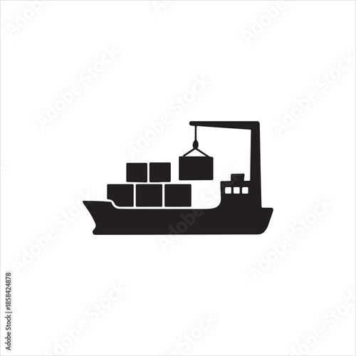  Silhouette cargo ship with containers being loaded vector illustration