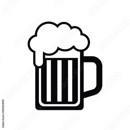 a simple black and white illustration depicts a classic beer mug filled with frothy foam suggesting a refreshing beverage experience