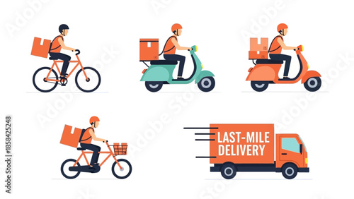 Diverse last-mile delivery services with couriers on bikes, scooters, and a truck.