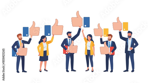 Group of diverse business people holding up large thumbs up icons, symbolizing positive feedback and customer satisfaction.
