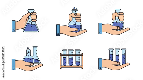 Hands holding various laboratory glassware with purple liquid, science experiment set.