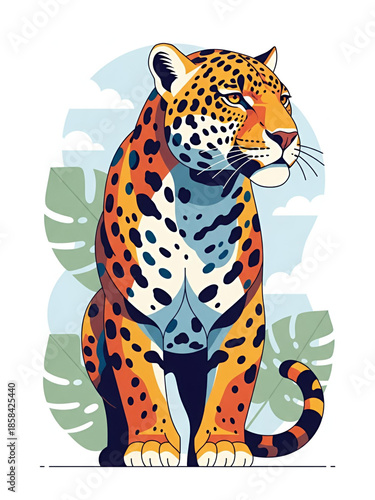 Stylized Brazilian Jaguar in Modern Tropical Illustration