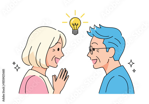 Excited idea sharing between two people - Lifestyle Illustration, Flat Line Art, Flat Style Illustration, Flat Line Illustration, Cartoon Line Illustration, Modern Outline Flat Illustration