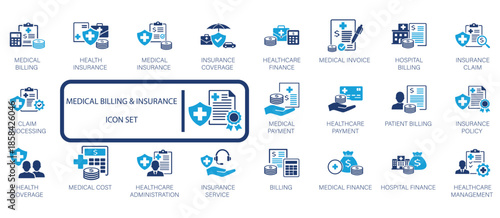 Medical billing and insurance icon set featuring healthcare finance, claim processing, health insurance policy, hospital billing, medical invoice, and patient payment symbols.