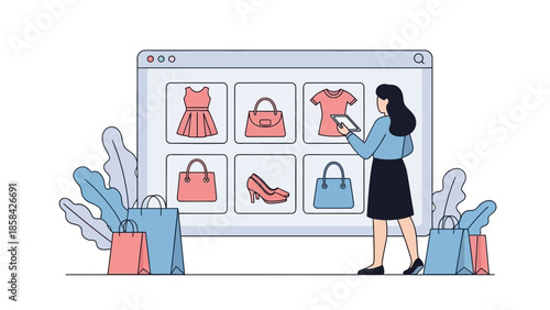 Woman browsing online fashion store on computer screen.