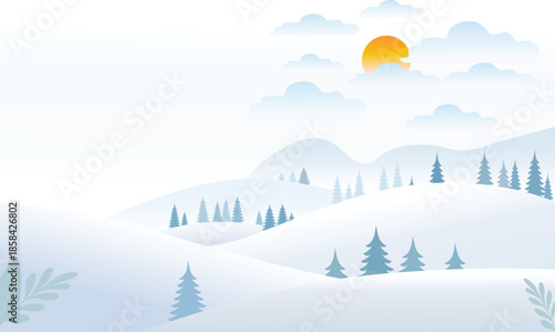 Minimalist Winter Landscape with Snow-Covered Hills, Pine Trees, Sun and Clouds. Nature background for Christmas or New Year. Peaceful wintertime scene.