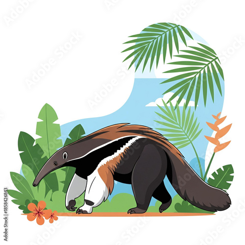 Brazilian Anteater in Minimal Tropical Illustration