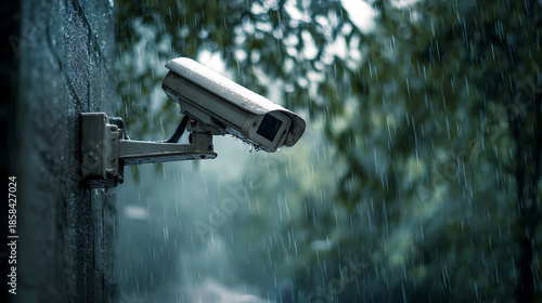 A security camera stands guard amidst a downpour, its lens unwavering as rain streaks across the frame, ensuring vigilant surveillance even in inclement weather.