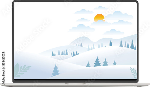 Modern laptop displays scenic mountain lake landscape. Device placed on mountain and pine trees . Ideal for travel, blogging, website design.