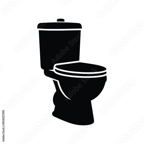 A simple black and white silhouette depicts a standard toilet showing its tank and bowl design clearly focusing on sanitation