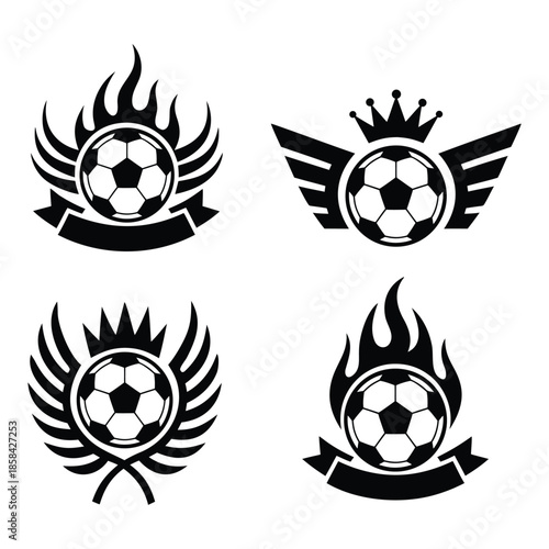 
Sports championship badges with wings and trophy crown icons and football
