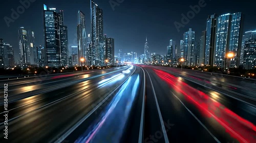 Nighttime Cityscape with Skyscrapers and Light Trails on an Urban Highway