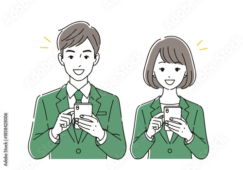 Two people engaged with smartphones - Lifestyle Illustration, Flat Line Art, Flat Style Illustration, Flat Line Illustration, Cartoon Line Illustration, Modern Outline Flat Illustration