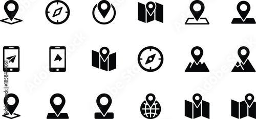 Solid Black Vector Icon Set Representing Navigation GPS Tracking Map Location Pins Compass Direction and Mobile Positioning Services