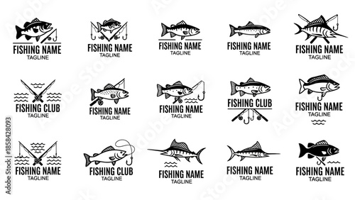 Collection of Vintage Fishing Club and Name Logos with Various Fish Species.
