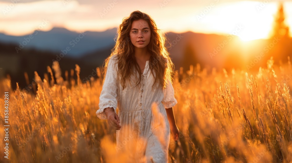 Obraz premium A serene scene captures a woman walking through a golden field at sunset, representing freedom, nature's beauty, and the exploration of life’s enchanting moments.