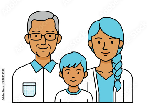 Family portrait with parents and child - Lifestyle Illustration, Flat Line Art, Flat Style Illustration, Flat Line Illustration, Cartoon Line Illustration, Modern Outline Flat Illustration
