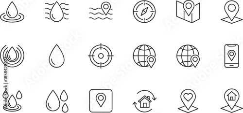 Outline Vector Icon Set Representing Geospatial Tracking Map Location Pins Hydrological Points and Global Positioning Interface Design Elements