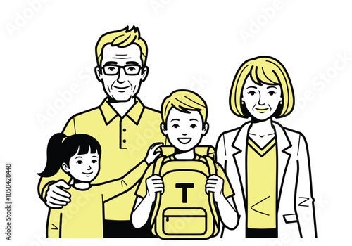 Family preparing for school - Lifestyle Illustration, Flat Line Art, Flat Style Illustration, Flat Line Illustration, Cartoon Line Illustration, Modern Outline Flat Illustration