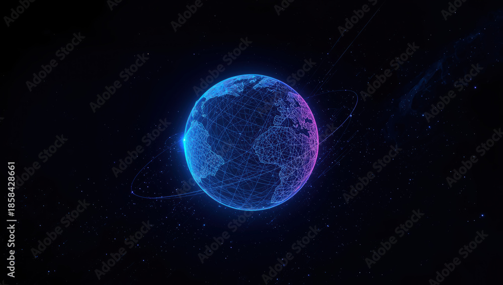 Obraz premium Neon wireframe globe glowing blue and magenta with orbital lines, futuristic tech vibe