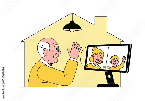 Elderly man video calling grandchildren - Lifestyle Illustration, Flat Line Art, Flat Style Illustration, Flat Line Illustration, Cartoon Line Illustration, Modern Outline Flat Illustration
