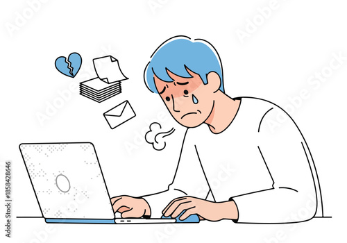 Frustrated person working on laptop - Lifestyle Illustration, Flat Line Art, Flat Style Illustration, Flat Line Illustration, Cartoon Line Illustration, Modern Outline Flat Illustration
