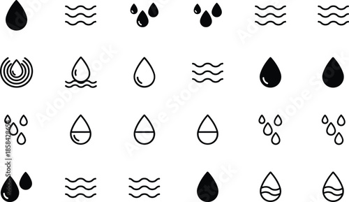 Vector Icon Set Representing Water Resources Hydrology Precipitation Rain Drops Ocean Waves and Environmental Liquid Management Design Concepts