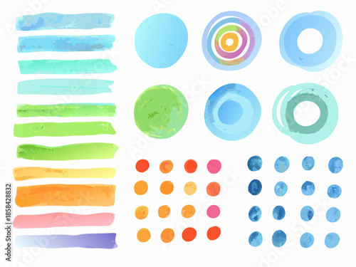 Watercolor brushstrokes circles and dots in vibrant blue green and orange hues