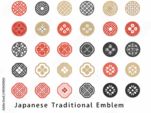 Collection of diverse circular japanese traditional emblems and decorative elements