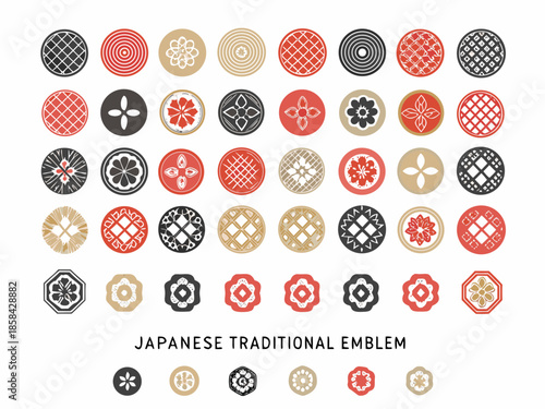 Collection of traditional japanese circular emblems and floral patterned designs