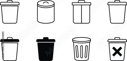 Vector Icon Set Representing Waste Management Trash Bins Garbage Disposal Recycling Containers and Digital File Deletion Interface Elements