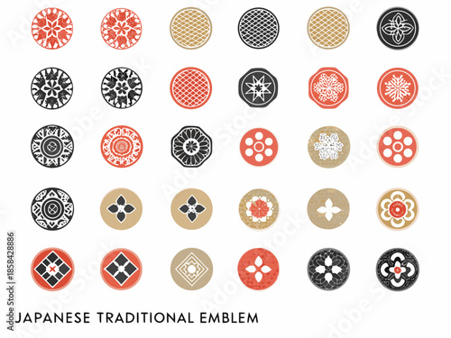 Fotografie Collection of traditional japanese circular emblems and geometric patterns displ