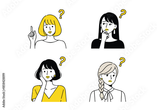 Confused women pondering questions - Lifestyle Illustration, Flat Line Art, Flat Style Illustration, Flat Line Illustration, Cartoon Line Illustration, Modern Outline Flat Illustration