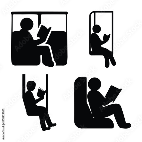 Four distinct silhouettes of people reading books in public