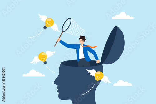 Flat illustration of businessman using net catching flying lightbulb inside open head symbolizing creativity innovation brainstorming and idea generation process