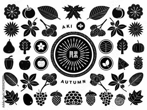 Black and white botanical illustration featuring autumn fruits leaves and acorns