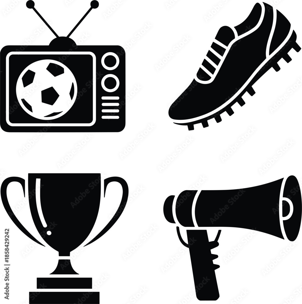 Obraz premium Soccer sports icon set, football broadcasting on television, athletic cleat shoe, championship winner trophy, and megaphone announcement symbols