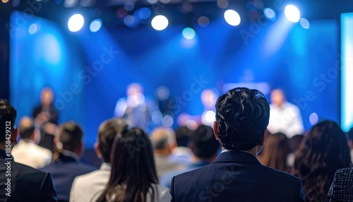 Blurred background of the business conference a group of people on the stage presentation of the project public talk High quality banner with copy space Generative AI. High quality