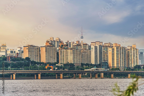 여의도 공원에서 바라보는 강변북로 뒤로 보이는 아파트 단지들과 남산타워
